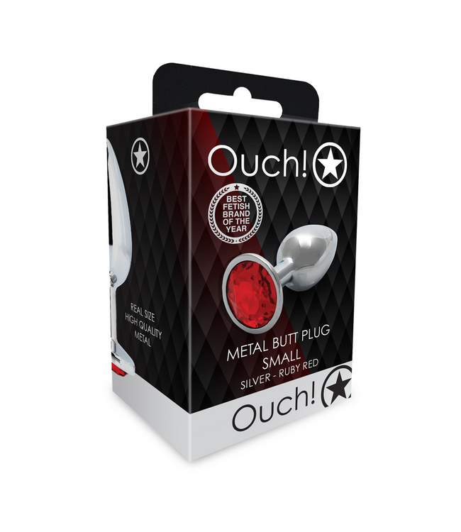 Ouch! Aluminium Buttplug Met Ronde Robijnsteen - 6,9 cm Zilverkleurig
