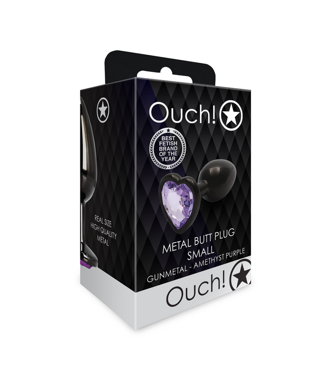 Ouch! Luxury Purple Gunmetal Heart-Shaped Gem Butt Plug - 6.9 cm