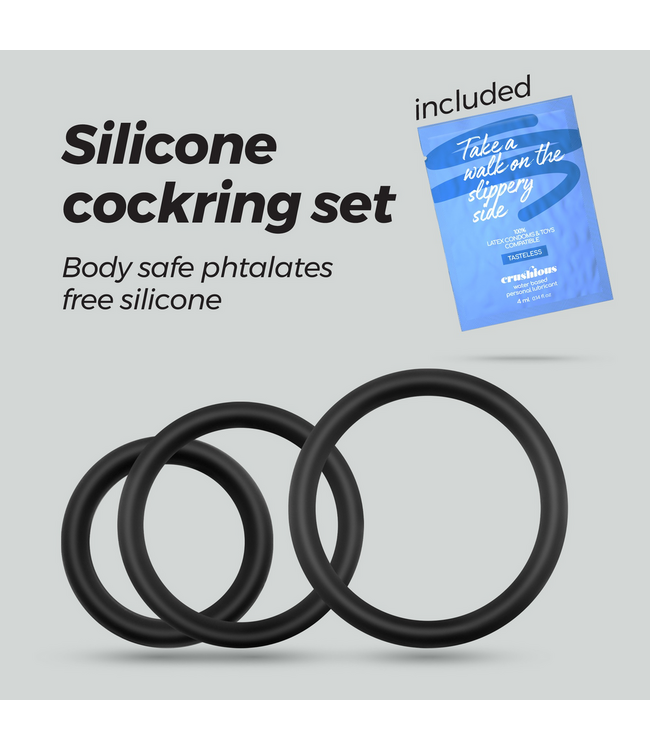 Crushious Bandoleros Black Silicone Cock Ring Set - Firmness & Pleasure Plus Lube