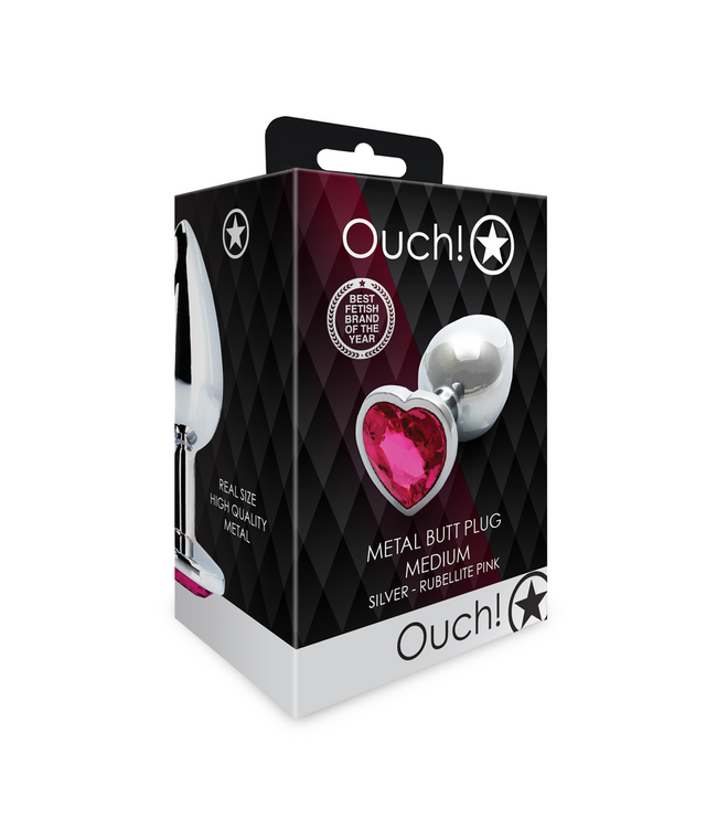 Ouch! Herzförmiger Edelstahl-Buttplug 8 cm – Silberschimmer & Rubellirose