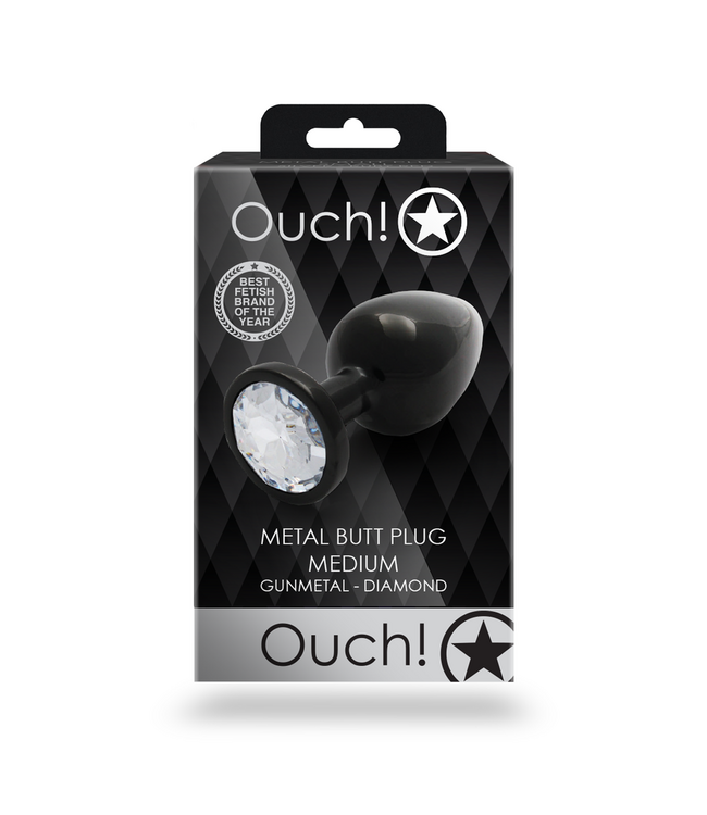 Ouch! Aluminium Buttplug 8 cm Met Ronde Edelsteen Inzet Gunmetal