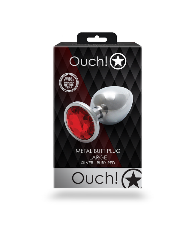 Ouch! Ouch! Aluminium Butt Plug Met Edelsteen 9,3 cm - Zilver & Ruby Rood