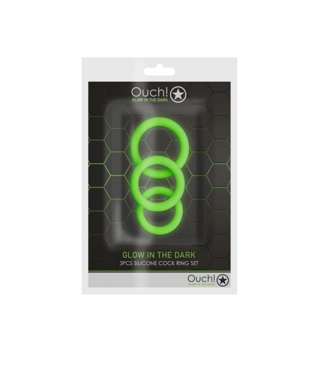 Ouch! Glow-in-the-Dark Cockring Set - 3 Flexible Silicone Rings for Pleasure