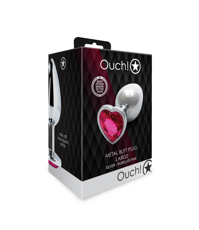 Ouch! Luxury Heart Gem Aluminium Butt Plug - 9.3 cm Silver/Rubellite Pink
