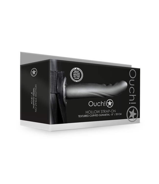 Ouch! Hollow Strap-On Gebogen & Verstelbaar Met Reliëf 20,6 cm – Zwart Gunmetal