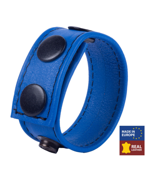 Red Leather Cocky Verstelbare Leren Cockring Blauw Met Drukknopen 2,5 cm Breed