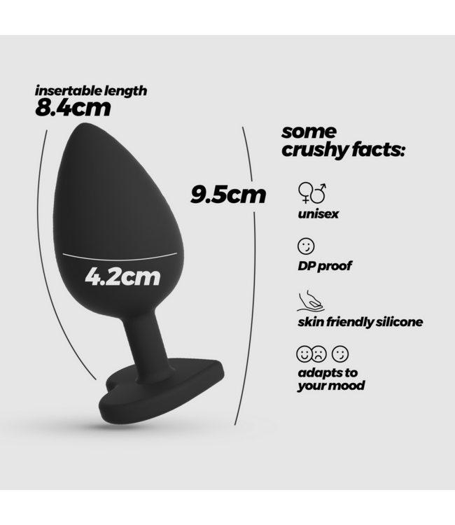 Crushious Cuore Silikon-Analplug 9,5 cm Schwarz mit wechselbaren Strasssteinen