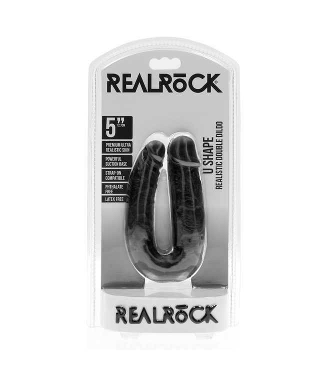 RealRock U-förmiger Doppeldildo 12,7 cm – RealRock Schwarz mit realistischer Textur