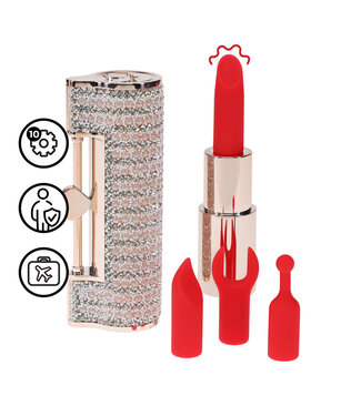 Loveline Lipstick Vormige Vibrator Met Ketting En Verwisselbare Siliconen Koppen Roze