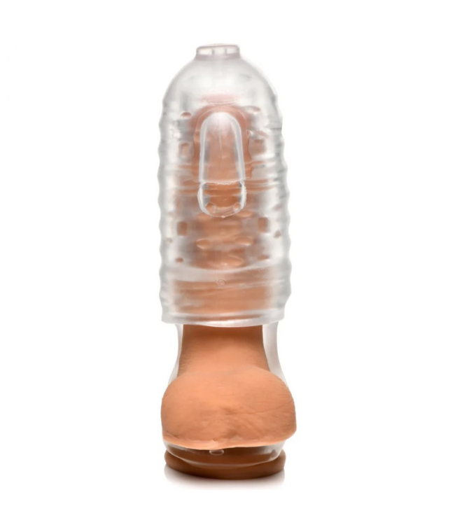 XR Brands Milker TPE Transparent Masturbator with Ball Strap for Ultimate Pleasure