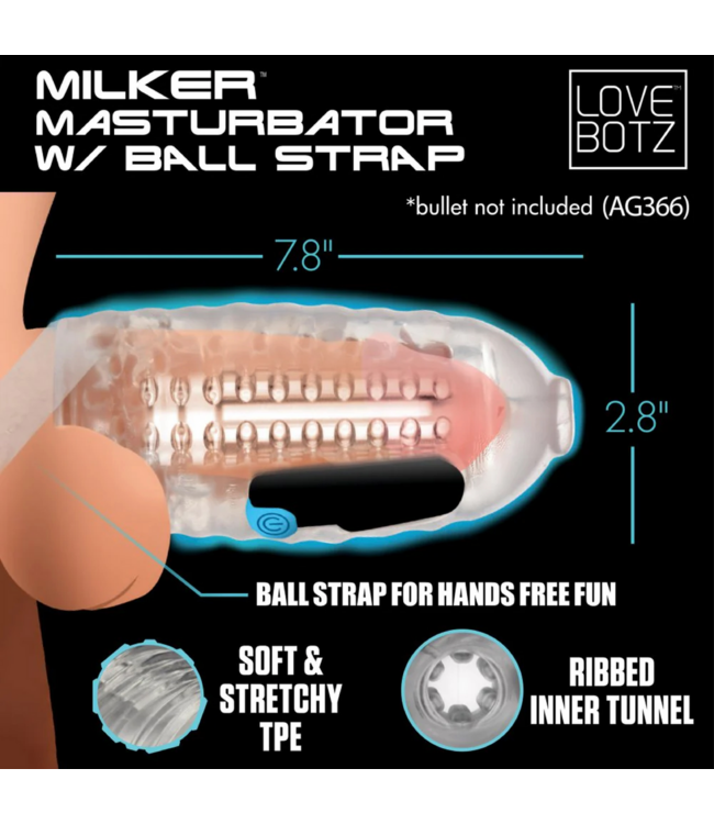 XR Brands Milker TPE Transparent Masturbator with Ball Strap for Ultimate Pleasure