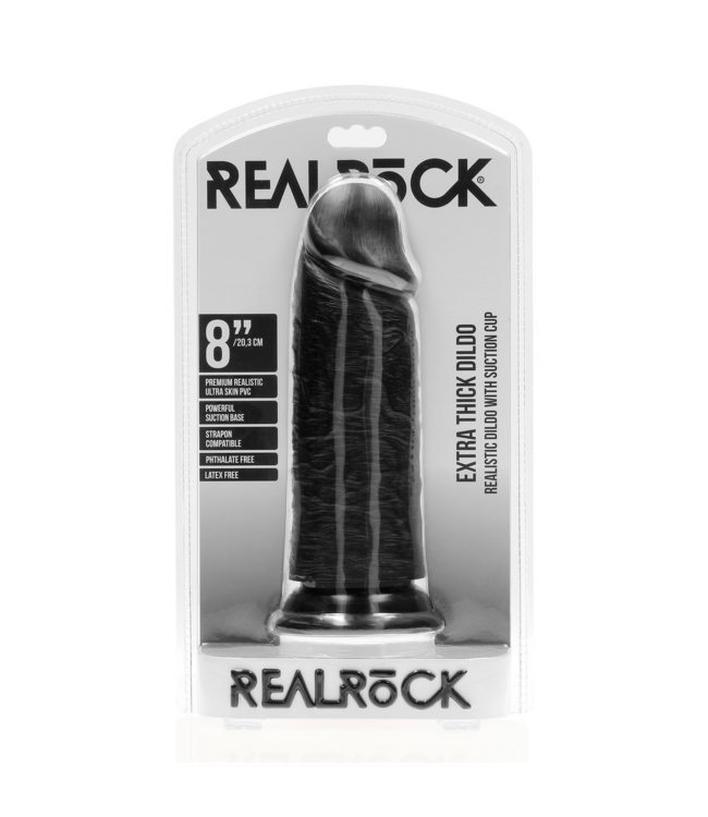 RealRock Extra dicker, gerader Dildo 20,3 cm – RealRock schwarz mit Saugnapf