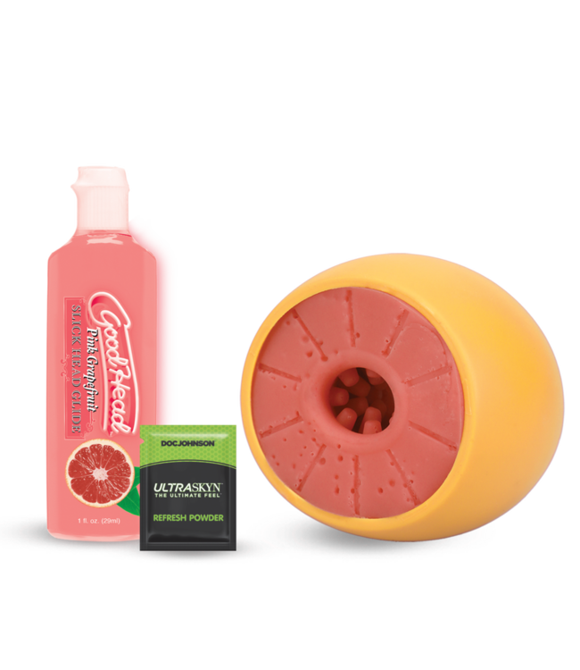 Doc Johnson ULTRASKYN Grapefruit Open-End Stroker Set Met GoodHead Slick Head & Refresh Powder