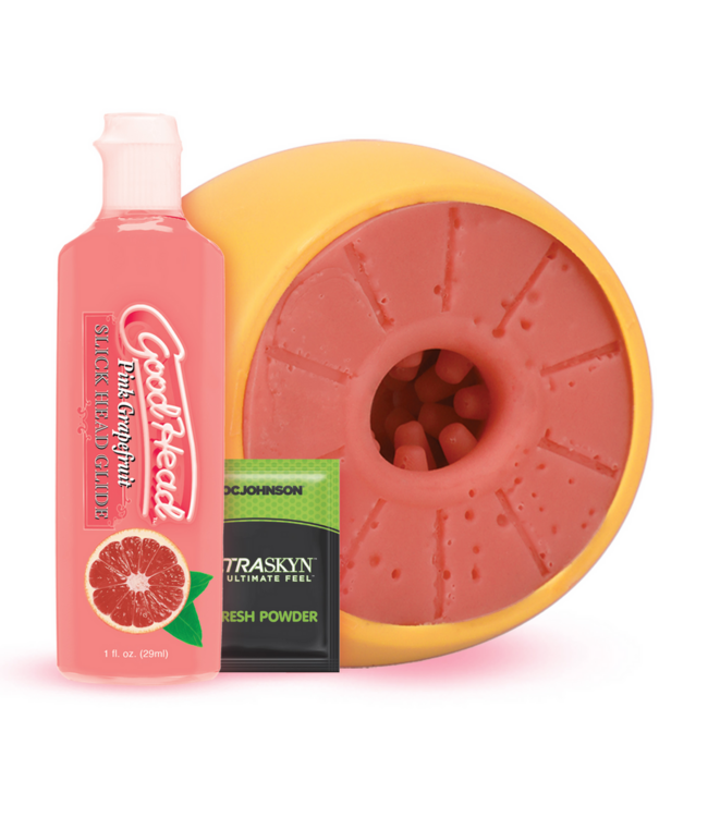 Doc Johnson ULTRASKYN Grapefruit Open-End Stroker Set Met GoodHead Slick Head & Refresh Powder