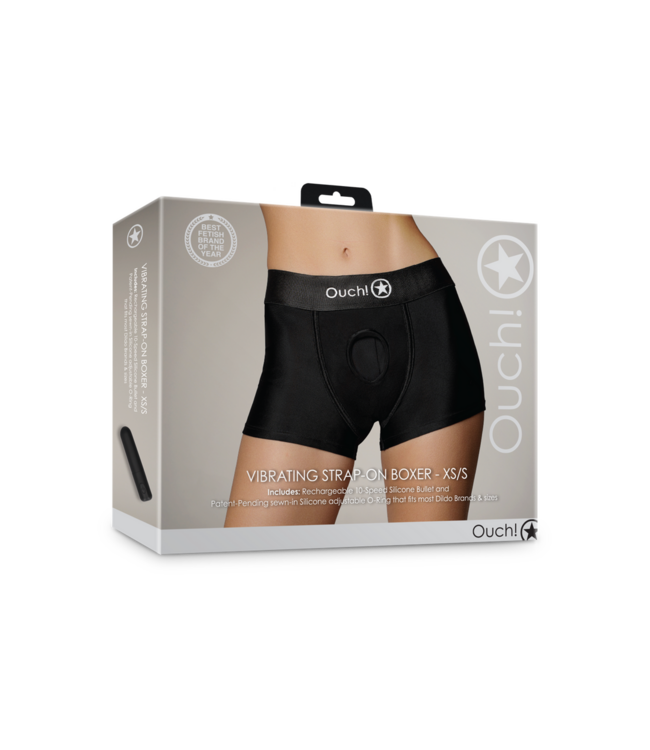 Ouch! Vibrierende Strap-On Boxershorts XS/S Schwarz mit O-Ring und 10-Funktionen