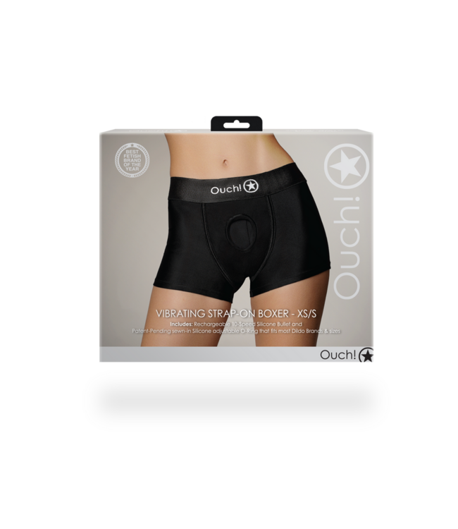 Ouch! Strap-On Boxer Met O-Ring Systeem En Oplaadbare Vibrerende Bullet Zwart XS/S