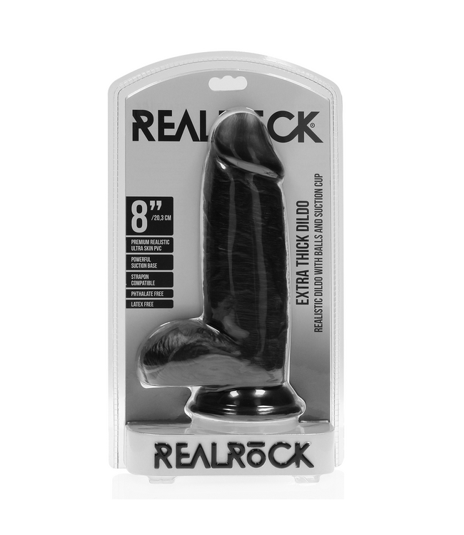 RealRock RealRock Dildo Schwarz - Extra dick, gerade, mit Hoden, 16,5 cm