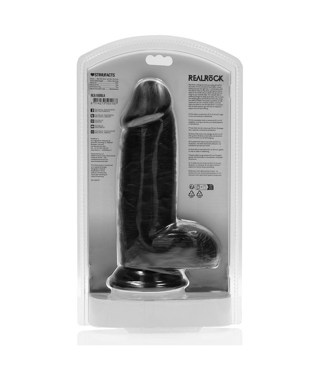 RealRock RealRock Dildo Schwarz - Extra dick, gerade, mit Hoden, 16,5 cm