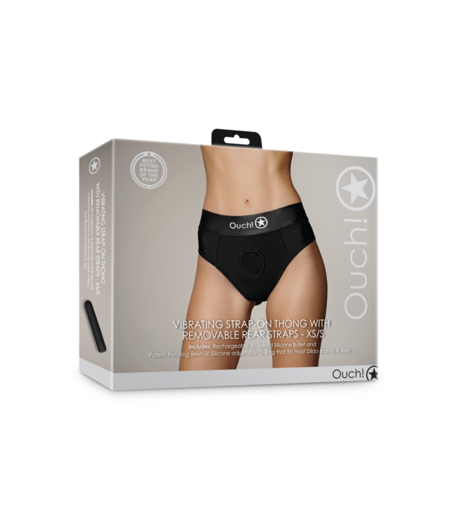 Ouch! Vibrating Strap-On Boxer Thong - XS/S Black for Comfort & Sensation