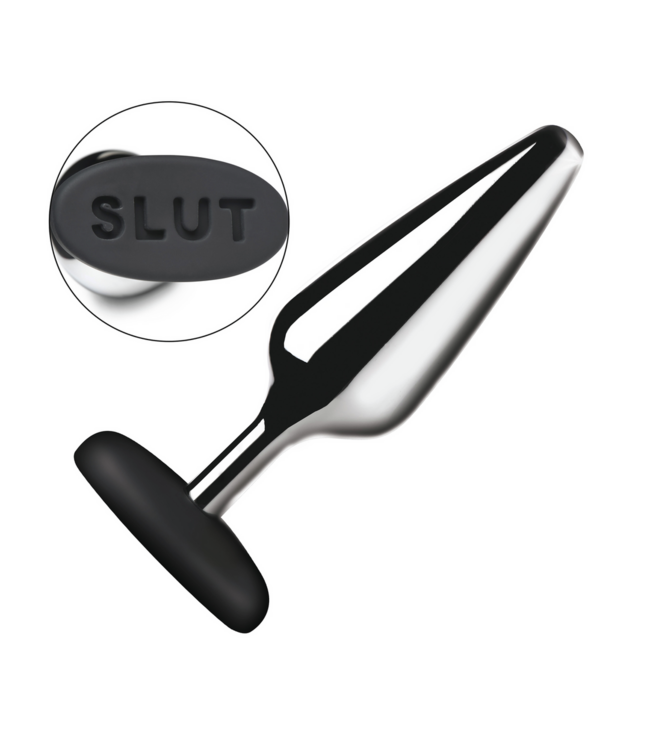 XR Brands Naughty Silver Butt Plug 13cm - Metal & Silicone with 'SLUT' Base