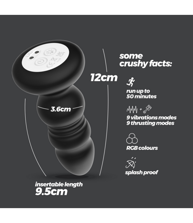 Crushious Australis 10cm Black Anal Plug - 9 Vibrations & RGB Light Remote Control