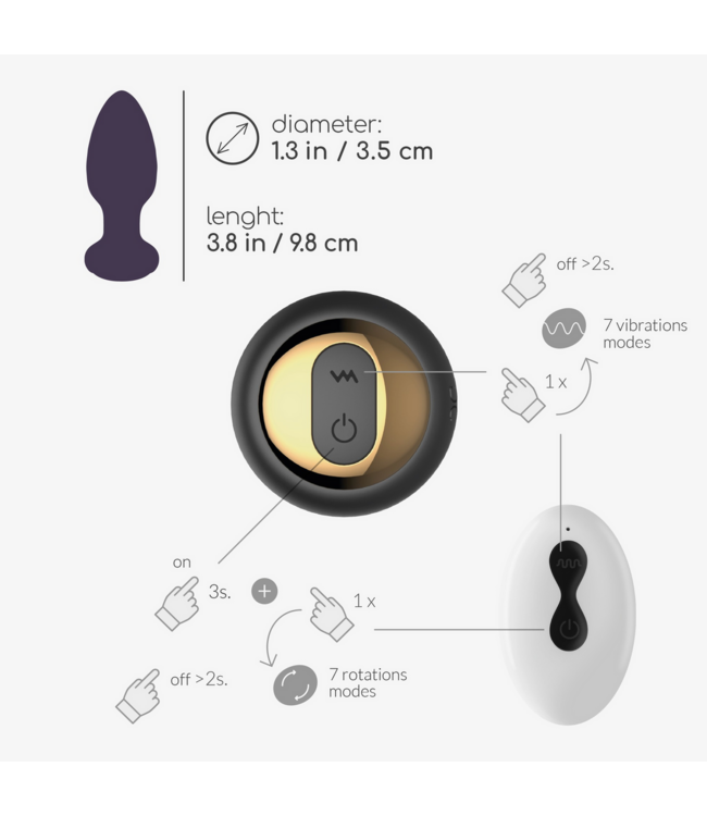 Crushious Twister 6 cm Remote Control Rotating Anal Plug & Vibrator - Black