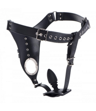 XR Brands Leder-Kreuzfesselgurt für Männer + Silikon-Buttplug - BDSM Set
