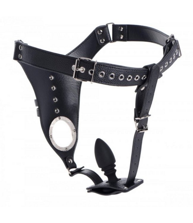 XR Brands Leder-Kreuzfesselgurt für Männer + Silikon-Buttplug - BDSM Set