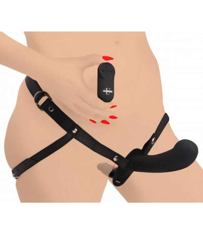 XR Brands Dubbel Genot: Verstelbare Dildo met Harness & Afstandsbediening voor Plezier
