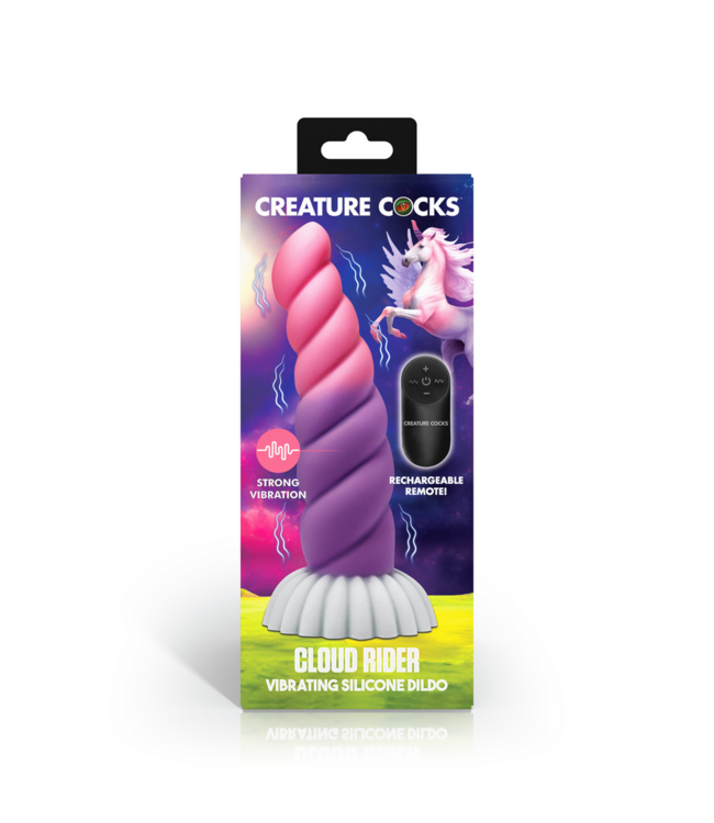 XR Brands Cloud Rider Vibrations-Einhorn-Dildo aus Silikon in Lila/Rosa