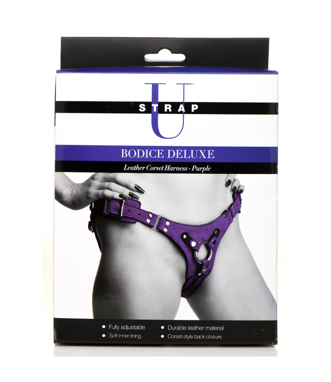 XR Brands Luxury Purple Leather Corset Harness - Comfort & Style for Couples