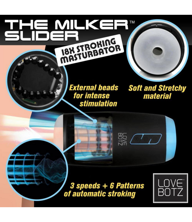 XR Brands Milker Slider Masturbator Schwarz | 3 Geschwindigkeiten & 6 Muster