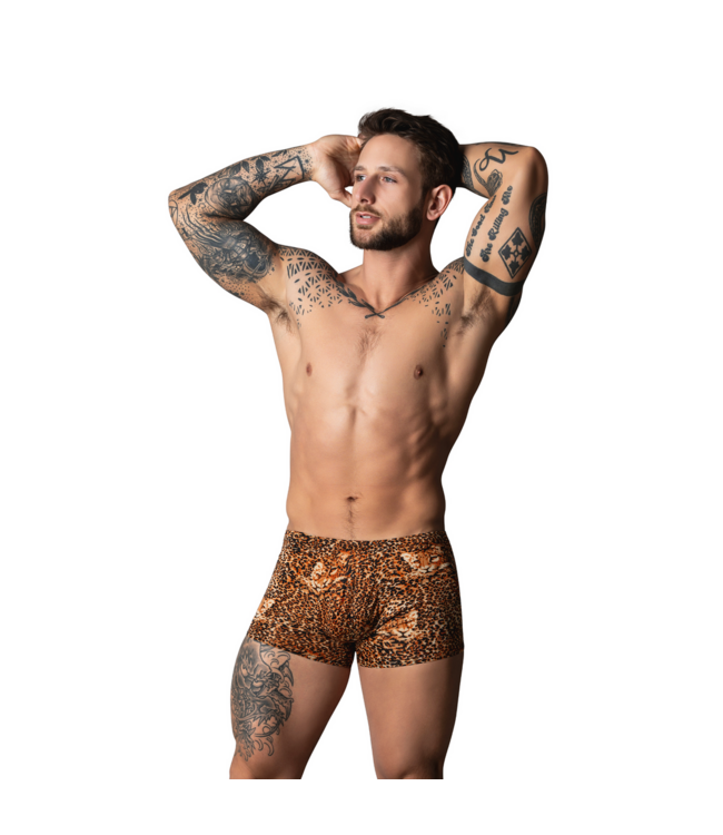 Male Power Stijlvolle Bruine Pouch Short met Zwarte Silicone Cockring | Male Power M