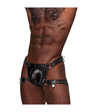 Male Power Scorpio Adjustable Chastity Thong - Stylish & Secure Black Leather
