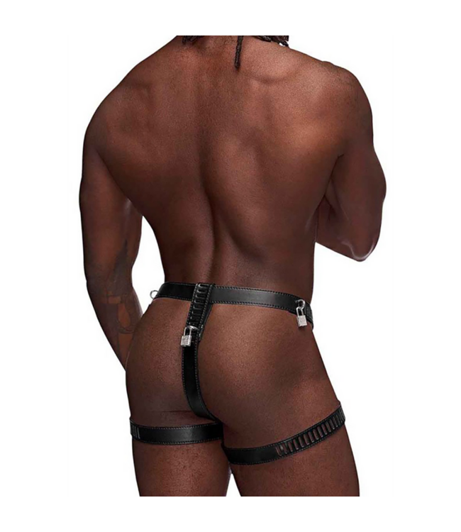 Male Power Scorpio Adjustable Chastity Thong - Stylish & Secure Black Leather