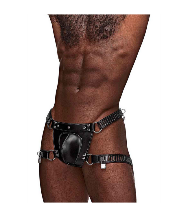Male Power Scorpio Adjustable Chastity Thong - Stylish & Secure Black Leather