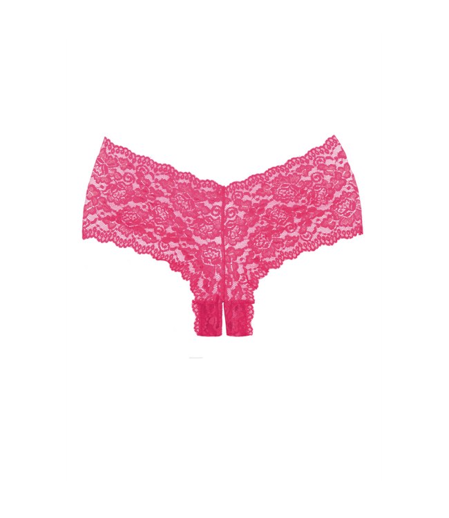 Allure Seductive Lace Booty Shorts with Open Crotch - Candy Apple Pink