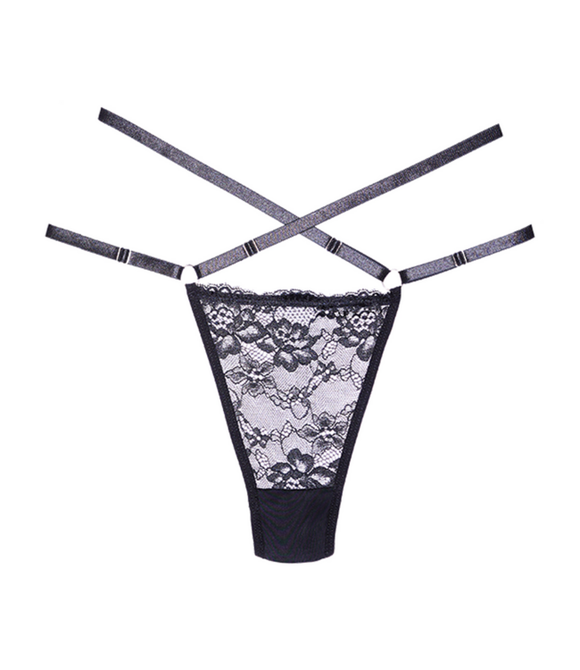 Allure Luxuriöser Spitzen- und Netzstring Schwarz mit verstellbaren Taillenbändern