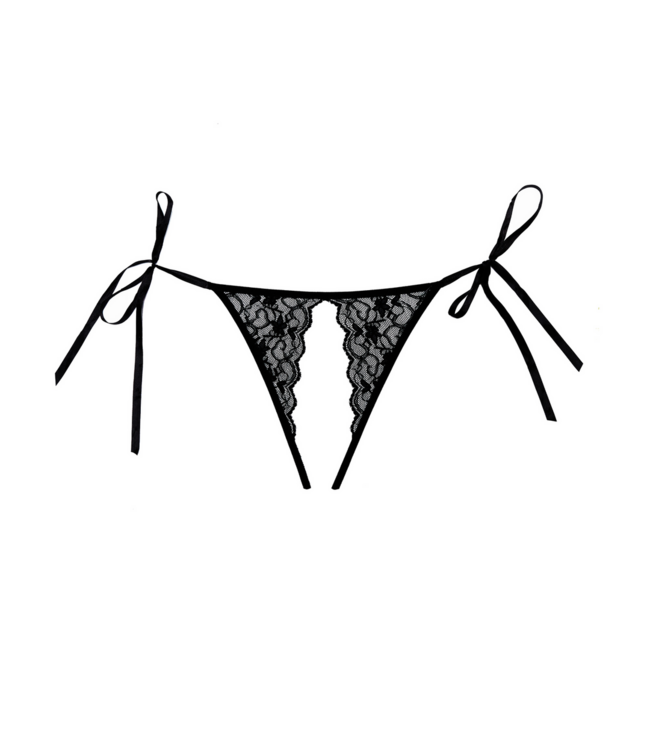 Allure Verleidelijke Lolita Slip Zwart - Sexy One Size met Golvende Kanten en Ribbons
