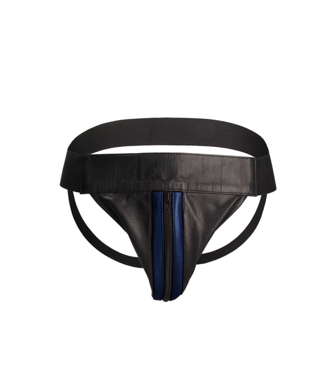 Ouch! Luxury Blue Leather Jockstrap with Zip - S/M - Ouch! Comfort & Style