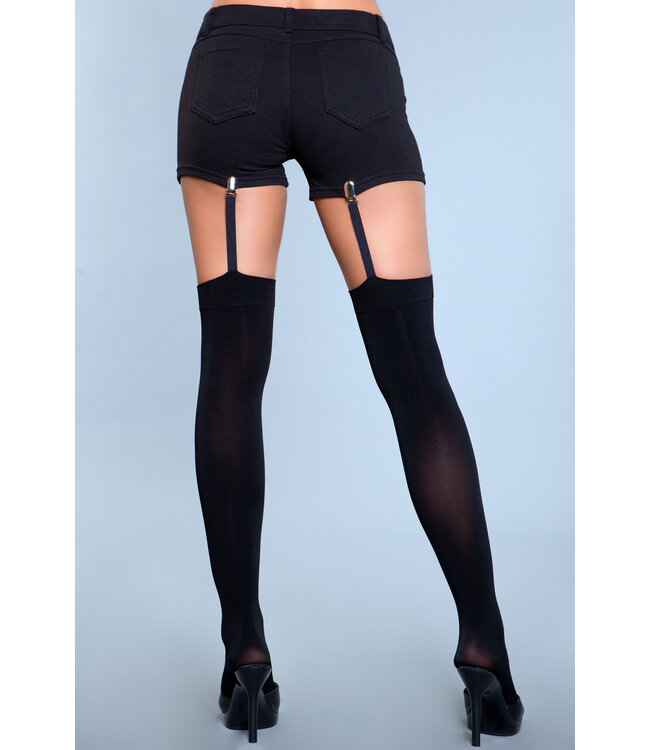 BeWicked Opaque Black Thigh-High Stockings with Clip-On Suspenders - Bold Lingerie