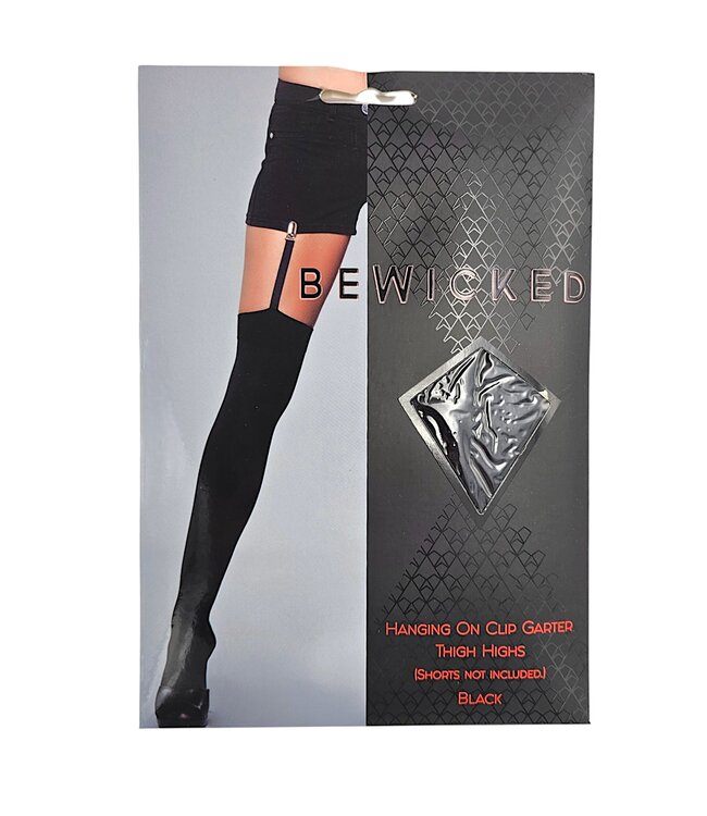 BeWicked Blickdichte schwarze Overknee-Strümpfe mit Clip-On-Strumpfhaltern