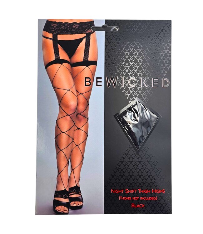 BeWicked Elegant Black Fishnet Thigh Highs with Lace Suspender Belt