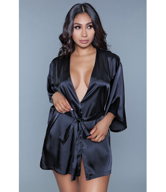 BeWicked Amora Black Satin Kimono with Romantic Lace Heart Detail
