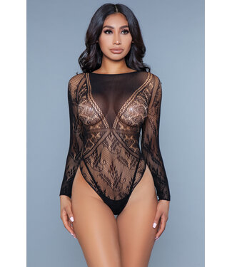 BeWicked Floral Lace Heart Bodysuit – Stijlvolle Zwarte Lingerie met Lange Mouwen