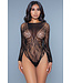 BeWicked Floral Lace Heart Bodysuit – Stijlvolle Zwarte Lingerie met Lange Mouwen