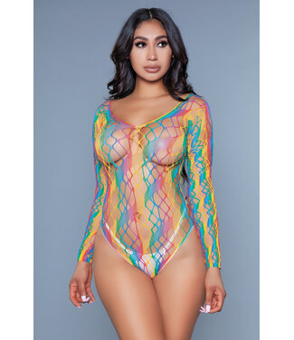BeWicked Web of Love Bodysuit – Off-Shoulder mit Netzdesign in Schwarz/Regenbogen