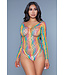 BeWicked Web of Love Bodysuit – Off-Shoulder mit Netzdesign in Schwarz/Regenbogen