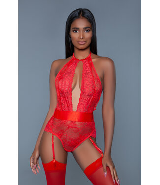 BeWicked Verleidelijke Red Ophelia Bodysuit met Luxe Satijn en Verstelbare Jarretels
