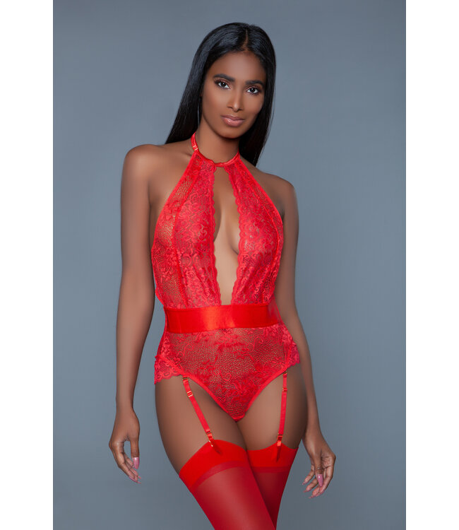 BeWicked Verleidelijke Red Ophelia Bodysuit met Luxe Satijn en Verstelbare Jarretels